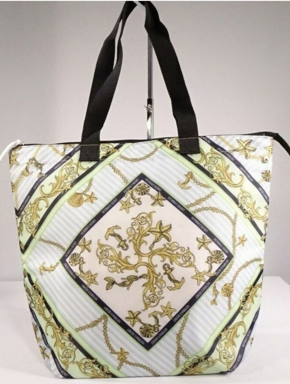 Victoria's Secret White and Gold Baroque Print Tote with Black Handles